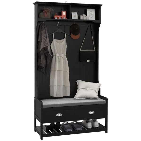 Coat Rack Shoe Bench, Hall Tree with Bench and Shoe Storage, Entryway Bench with 4 Hooks, 2 Drawers, 2 Shelves, Black