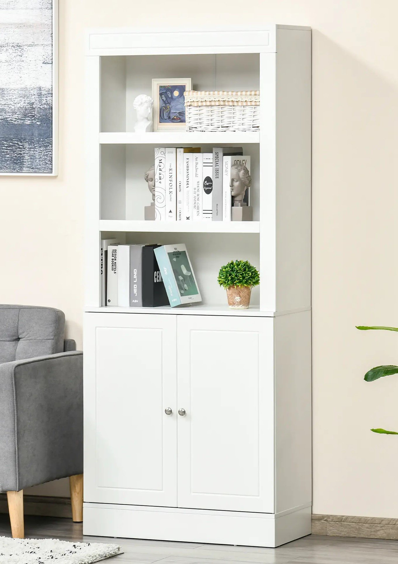 Kitchen Buffet with Hutch, Freestanding Cupboard, Pantry with 6-Tier Shelving, 2 Doors Cabinet with Adjustable Shelves, White, Wood Grain. 72"