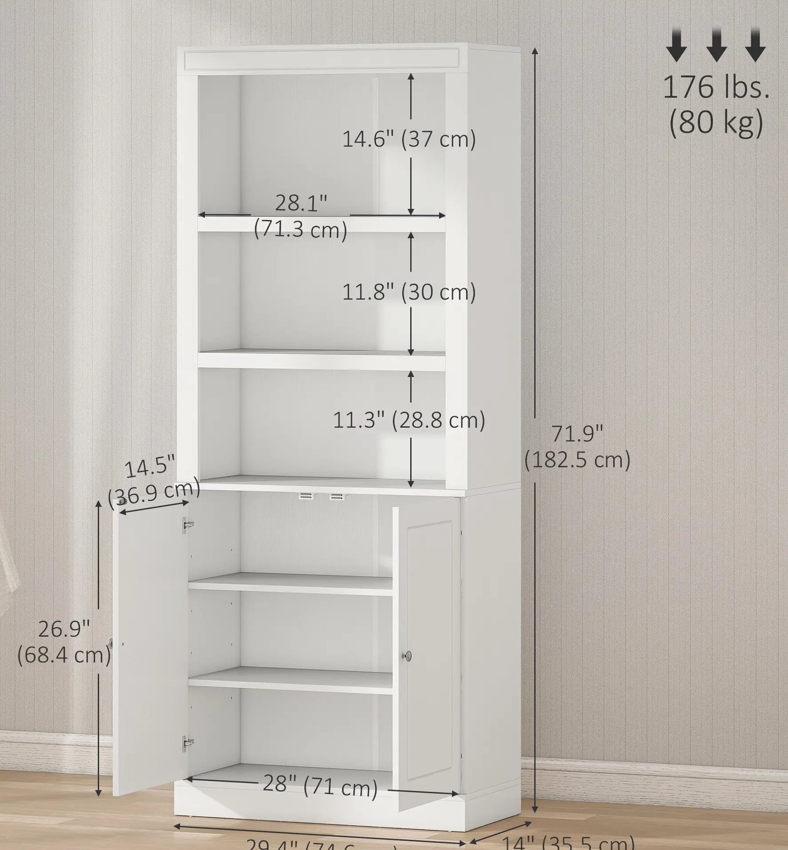 Kitchen Buffet with Hutch, Freestanding Cupboard, Pantry with 6-Tier Shelving, 2 Doors Cabinet with Adjustable Shelves, White, Wood Grain. 72"