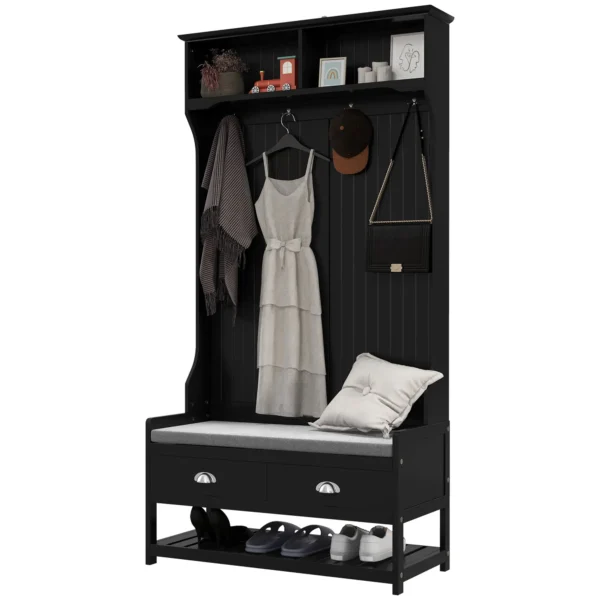 Coat Rack Shoe Bench, Hall Tree with Bench and Shoe Storage, Entryway Bench with 4 Hooks, 2 Drawers, 2 Shelves, Black