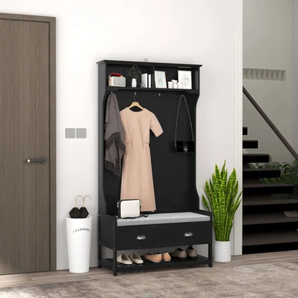 Coat Rack Shoe Bench, Hall Tree with Bench and Shoe Storage, Entryway Bench with 4 Hooks, 2 Drawers, 2 Shelves, Black