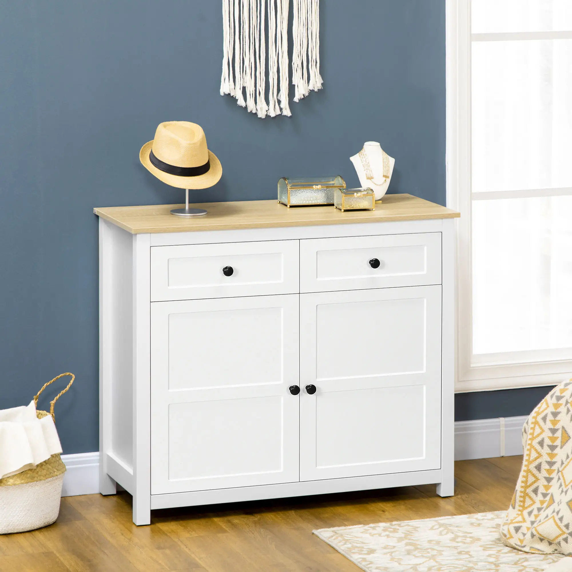Sideboard, Modern Kitchen Storage Cabinet with Drawers and Adjustable Shelf, for Living Room and Entryway, White
