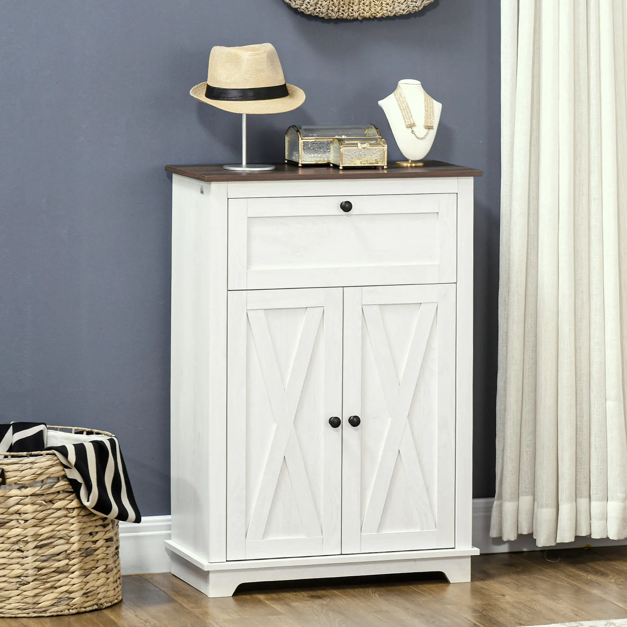 Farmhouse Sideboard Storage Cabinet with Doors and Drawer for Kitchen, Living room, 23.6" x 11.8" x 34.4", White