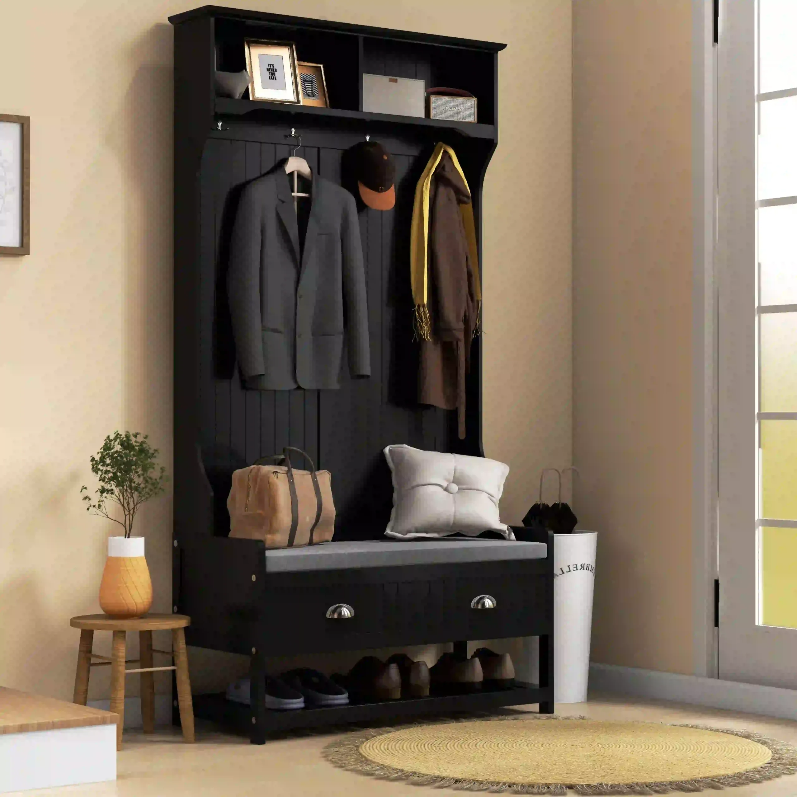 Coat Rack Shoe Bench, Hall Tree with Bench and Shoe Storage, Entryway Bench with 4 Hooks, 2 Drawers, 2 Shelves, Black